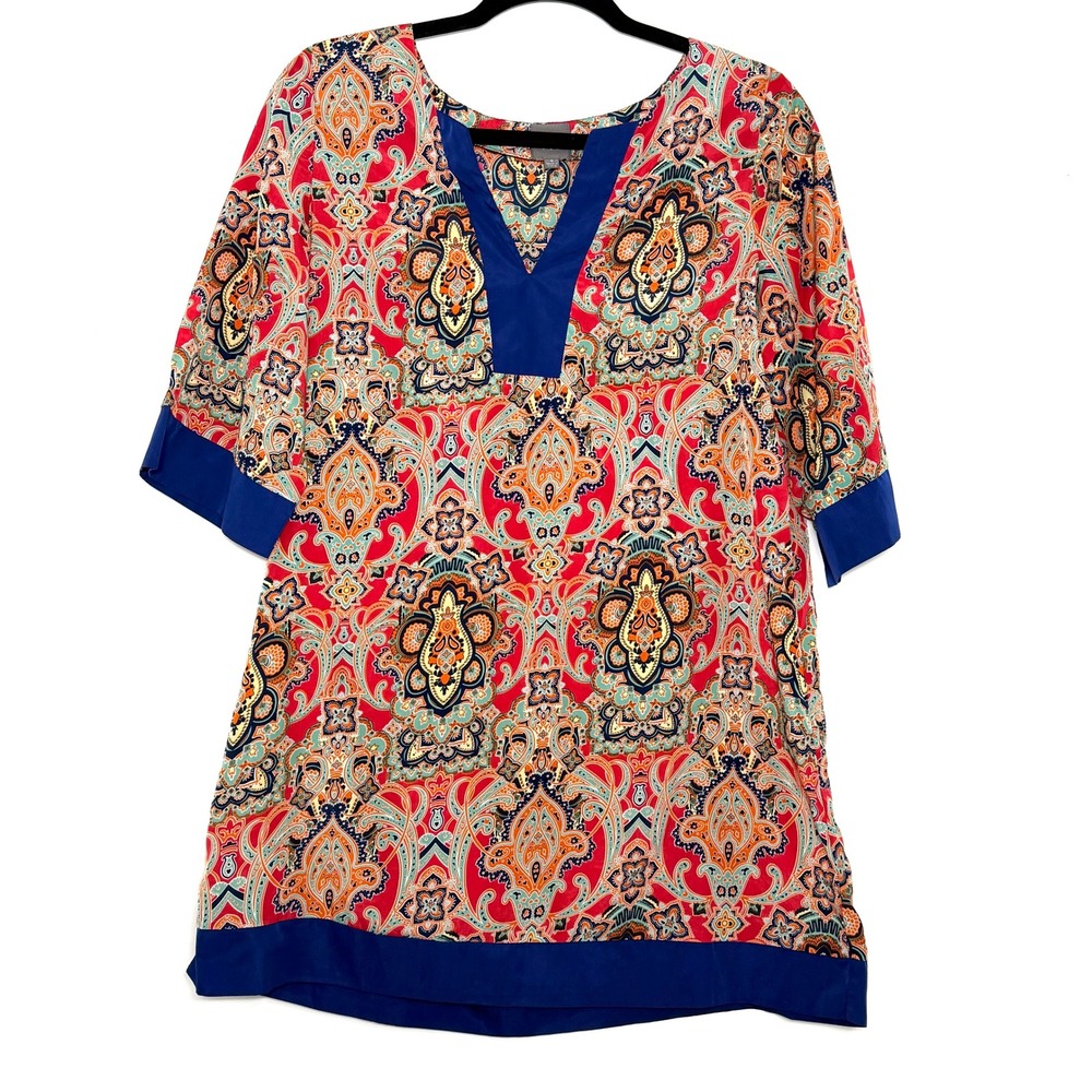Umgee S Paisley Boho Tunic Top Multicolor Blue Trim 3/4 Sleeve